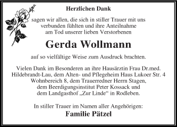 Traueranzeige von Gerda Wollmann von WVG - Wochenspiegel Dessau / Köthen