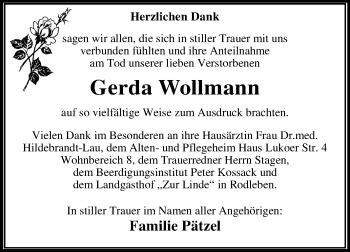 Traueranzeige von Gerda Wollmann von Mitteldeutsche Zeitung Dessau-Roßlau