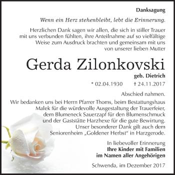 Traueranzeige von Gerda Zilonkovski von Mitteldeutsche Zeitung Sangerhausen