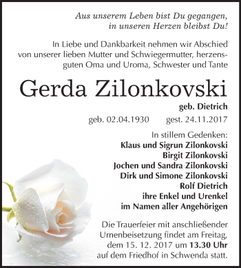Traueranzeige von Gerda Zilonkovski von Mitteldeutsche Zeitung Sangerhausen