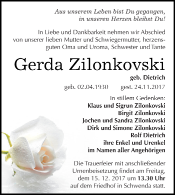 Traueranzeige von Gerda Zilonkovski von Super Sonntag SGH Mansf. Land