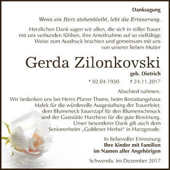 Traueranzeige von Gerda Zilonkovski von Super Sonntag SGH Mansf. Land