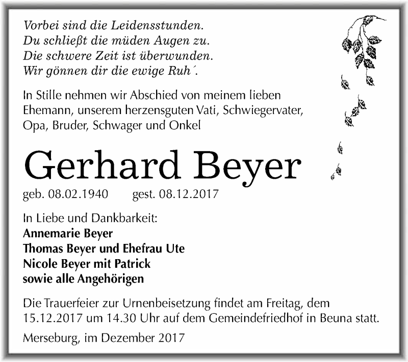  Traueranzeige für Gerhard Beyer vom 16.12.2017 aus WVG - Wochenspiegel Merseburg