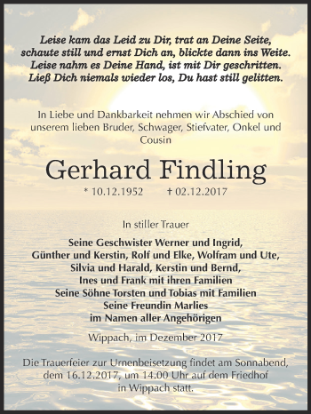 Traueranzeige von Gerhard Findling von WVG - Wochenspiegel NMB / WSF / ZTZ