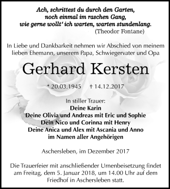 Traueranzeige von Gerhard Kersten von Mitteldeutsche Zeitung Aschersleben