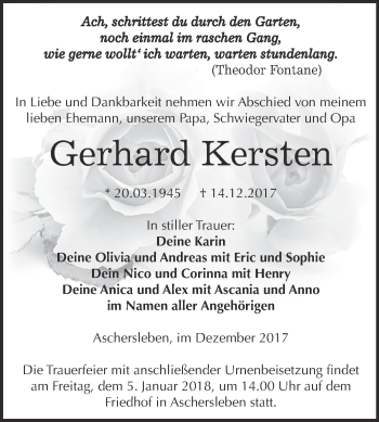 Traueranzeige von Gerhard Kersten von Super Sonntag Aschersleben