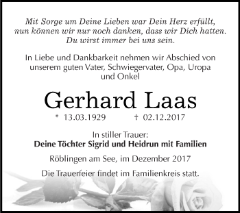 Traueranzeige von Gerhard Laas von Super Sonntag SGH Mansf. Land