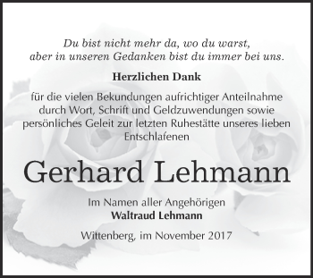 Traueranzeige von Gerhard Lehmann von WVG - Wochenspiegel Wittenberg