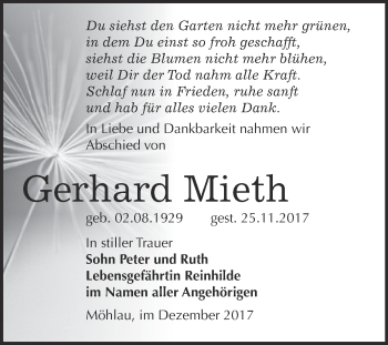 Traueranzeige von Gerhard Mieth von WVG - Wochenspiegel Wittenberg