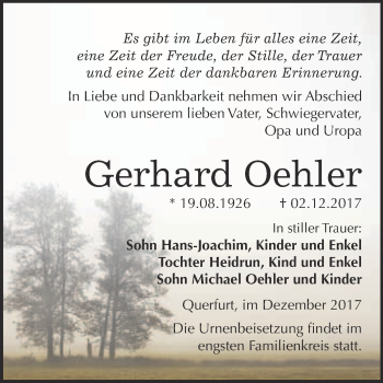 Traueranzeige von Gerhard Oehler von WVG - Wochenspiegel Merseburg