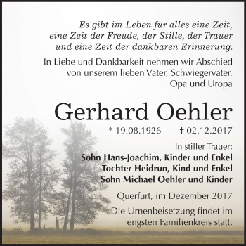 Traueranzeige von Gerhard Oehler von Mitteldeutsche Zeitung Merseburg/Querfurt