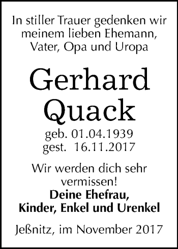 Traueranzeige von Gerhard Quack von WVG - Wochenspiegel Bitterfeld