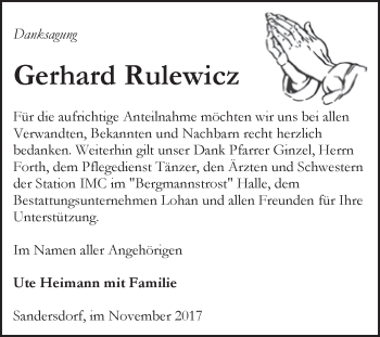 Traueranzeige von Gerhard Rulewicz von WVG - Wochenspiegel Bitterfeld