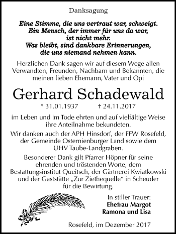 Traueranzeige von Gerhard Schadewald von Mitteldeutsche Zeitung Köthen