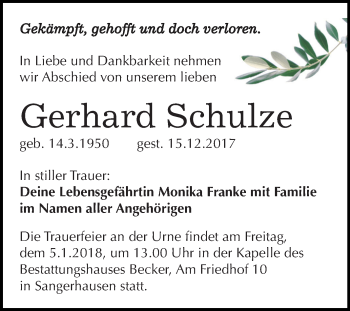 Traueranzeige von Gerhard Schulze von Mitteldeutsche Zeitung