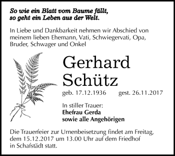 Traueranzeige von Gerhard Schütz von Mitteldeutsche Zeitung Merseburg/Querfurt