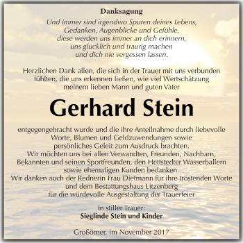 Traueranzeige von Gerhard Stein von Wochenspiegel Mansfelder Land