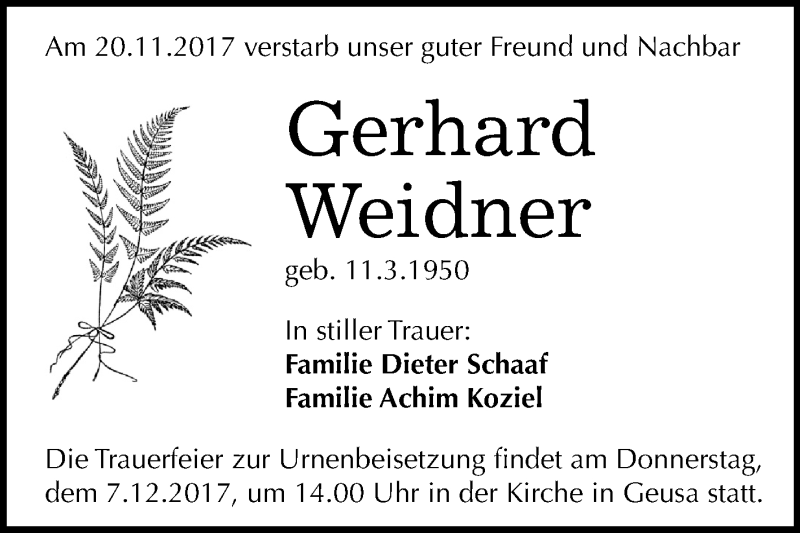  Traueranzeige für Gerhard Weidner vom 02.12.2017 aus Mitteldeutsche Zeitung Merseburg/Querfurt