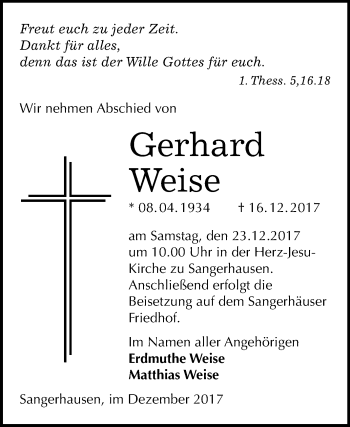 Traueranzeige von Gerhard Weise von Mitteldeutsche Zeitung Sangerhausen