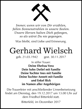 Traueranzeige von Gerhard Wielsch von Mitteldeutsche Zeitung Bitterfeld