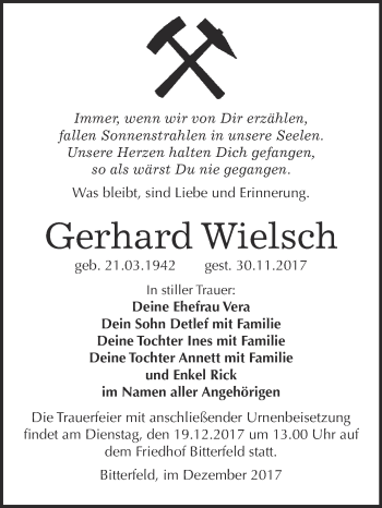 Traueranzeige von Gerhard Wielsch von WVG - Wochenspiegel Bitterfeld