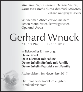 Traueranzeige von Gerhard Wnuck von Super Sonntag Aschersleben