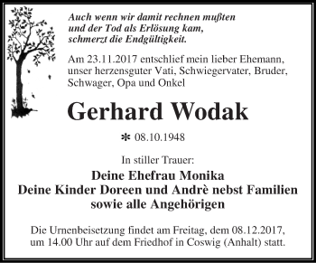 Traueranzeige von Gerhard Wodak von WVG - Wochenspiegel Dessau / Köthen