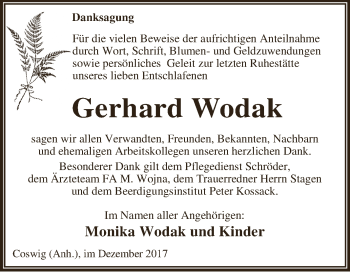Traueranzeige von Gerhard Wodak von WVG - Wochenspiegel Dessau / Köthen