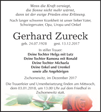 Traueranzeige von Gerhard Zureck von WVG - Wochenspiegel Wittenberg