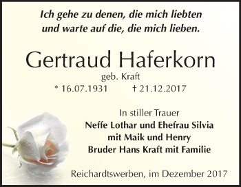 Traueranzeige von Gertraud Haferkorn von Mitteldeutsche Zeitung Weißenfels