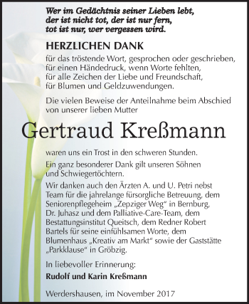 Traueranzeige von Gertraud Kreßmann von Mitteldeutsche Zeitung