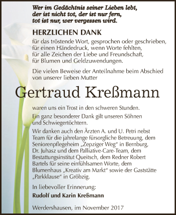 Traueranzeige von Gertraud Kreßmann von WVG - Wochenspiegel Dessau / Köthen