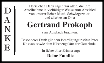 Traueranzeige von Gertraud Prokoph von WVG - Wochenspiegel Dessau / Köthen