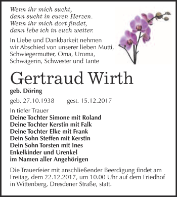 Traueranzeige von Gertraud Wirth von WVG - Wochenspiegel Wittenberg