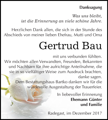 Traueranzeige von Gertrud Bau von WVG - Wochenspiegel Dessau / Köthen
