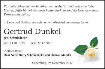 Traueranzeige von Gertrud Dunkel von Mitteldeutsche Zeitung Köthen