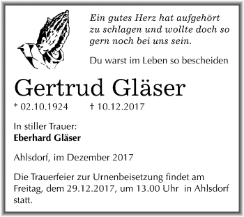 Traueranzeige von Gertrud Gläser von Mitteldeutsche Zeitung