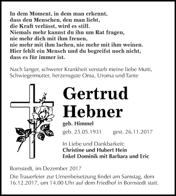 Traueranzeige von Gertrud Hebner von Super Sonntag SGH Mansf. Land