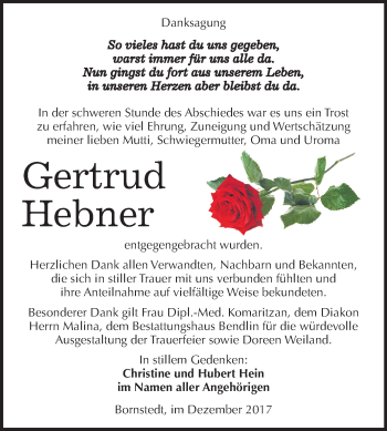 Traueranzeige von Gertrud Hebner von Mitteldeutsche Zeitung