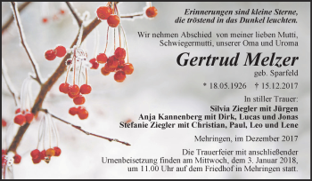 Traueranzeige von Gertrud Melzer von Super Sonntag Aschersleben