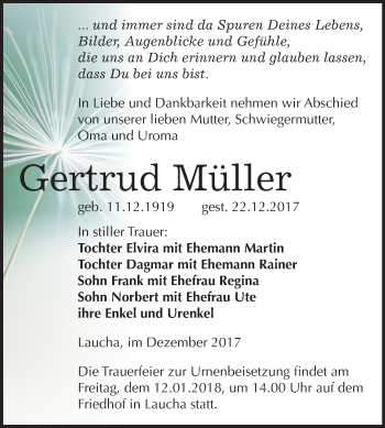 Traueranzeige von Gertrud Müller von Mitteldeutsche Zeitung