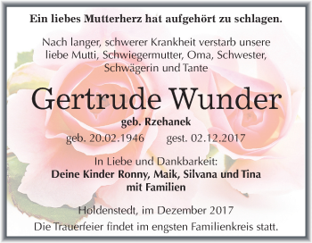 Traueranzeige von Gertrude Wunder von Mitteldeutsche Zeitung
