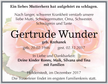 Traueranzeige von Gertrude Wunder von Super Sonntag SGH Mansf. Land