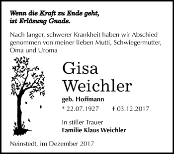 Traueranzeige von Gisa Weichler von Mitteldeutsche Zeitung Quedlinburg