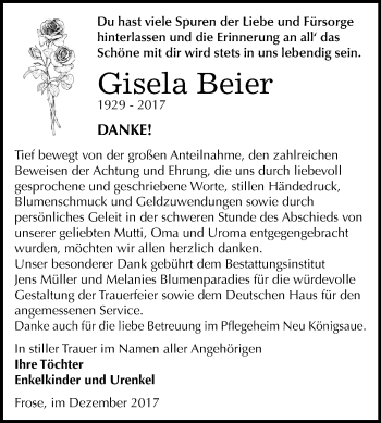 Traueranzeige von Gisela Beier von Mitteldeutsche Zeitung Aschersleben