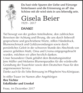 Traueranzeige von Gisela Beier von Super Sonntag Aschersleben