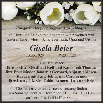 Traueranzeige von Gisela Beier von Super Sonntag Aschersleben