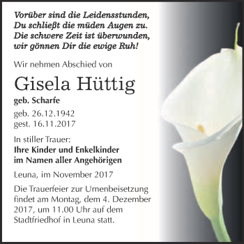 Traueranzeige von Gisela Hüttig von WVG - Wochenspiegel Merseburg