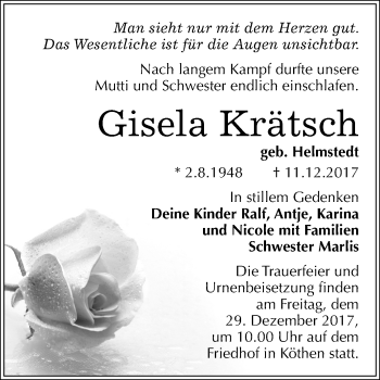 Traueranzeige von Gisela Krätsch von Mitteldeutsche Zeitung