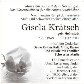 Traueranzeige von Gisela Krätsch von WVG - Wochenspiegel Dessau / Köthen